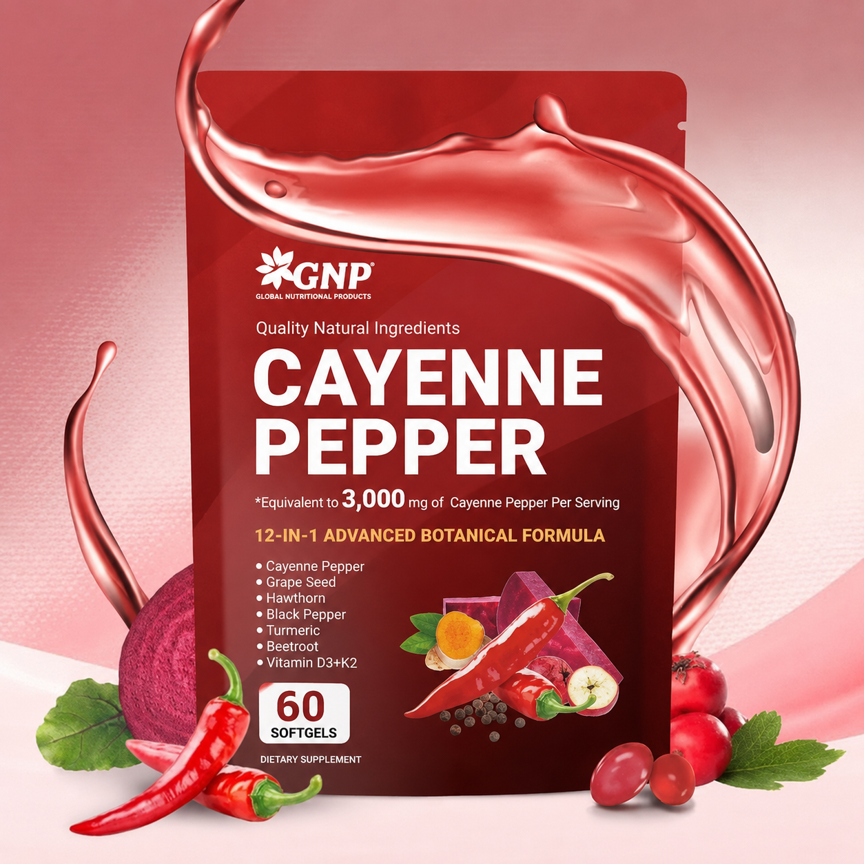 Suplemento de cápsulas blandas de pimienta de cayena, 12 en 1 con vitamina D3+K2